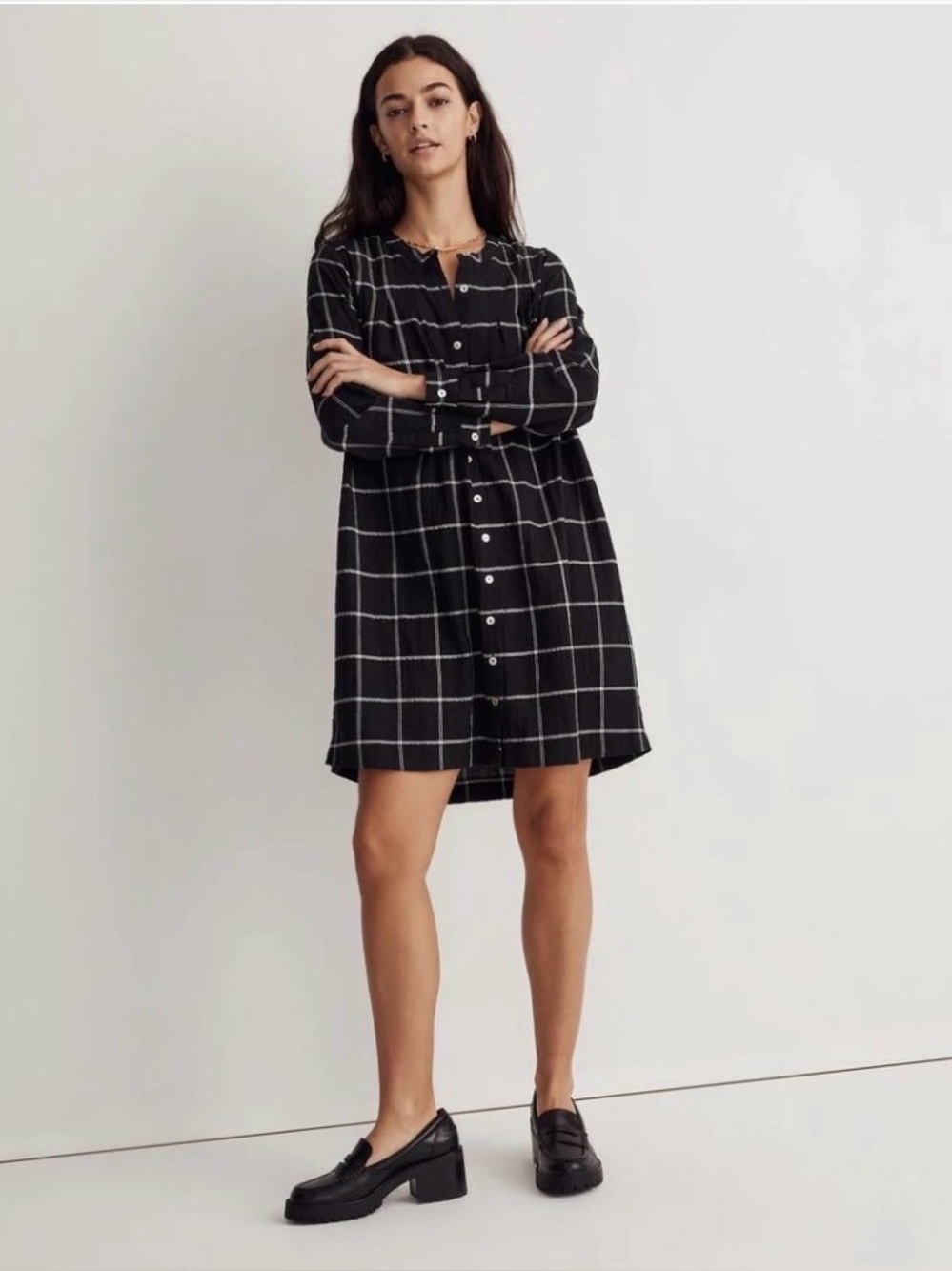 Madewell Black Windowpane Button-Front Long Sleeve Dress
